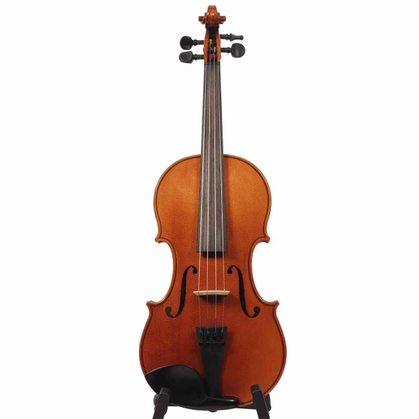 Front view of Yamaha YVN003 4/4 violin with warm brown finish, ebony fingerboard and black chinrest. card