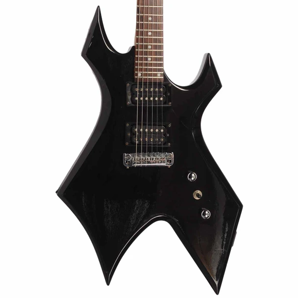 Front close-up of black B.C. Rich Bronze Series electric guitar body with dual humbuckers, chrome bridge, and contr card