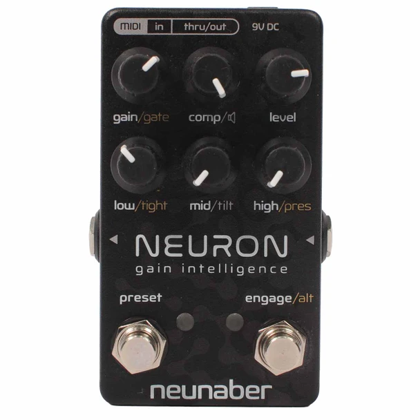 Front view of Neunaber Neuron Gain Intelligence pedal with six control knobs and dual footswitches. card