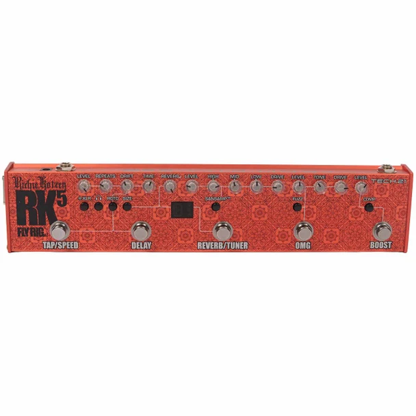 Front view of Tech 21 Richie Kotzen RK5 Fly Rig v2 with control knobs and five footswitches. card