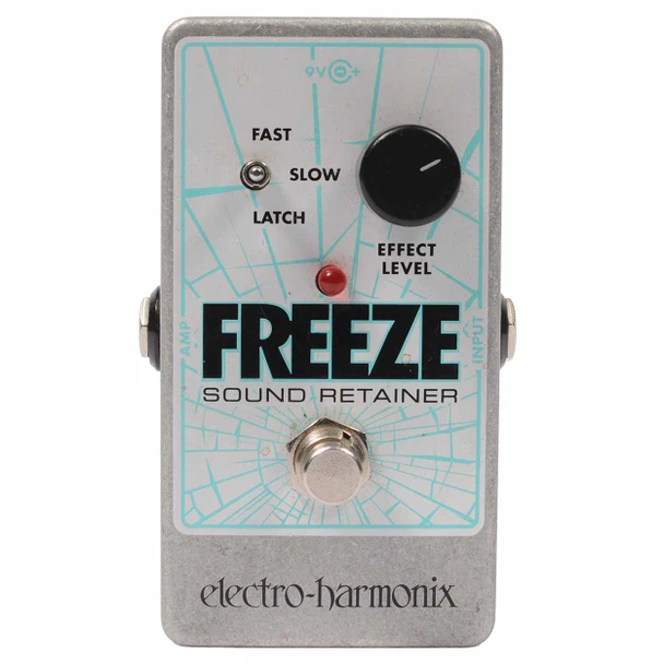 Front view of Electro-Harmonix Freeze Sound Retainer pedal with Effect Level knob, mode switch, red LED, and footswitch. card