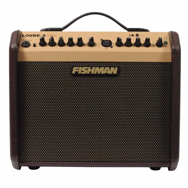 Front view of Fishman Loudbox Mini acoustic amplifier with brown cabinet, tan control panel, and black grille. card