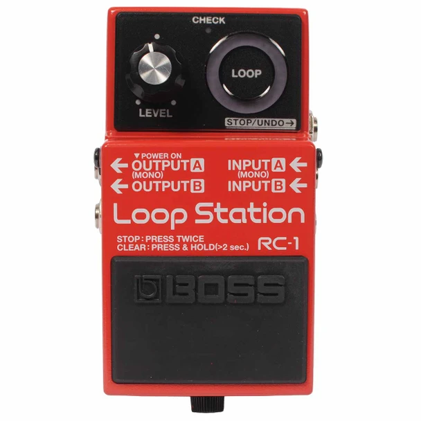 Front view of red Boss RC-1 Loop Station pedal with level knob, circular loop indicator, and black footswitch. card