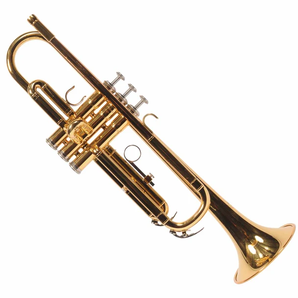 Full view of Yamaha Advantage YTR-200ADII Bb trumpet with gold lacquer finish and silver-colored valve buttons. card
