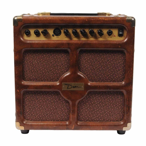Front view of Dean DA30-4 acoustic combo amplifier with brown cabinet, four speaker grille sections, and gold control panel. card