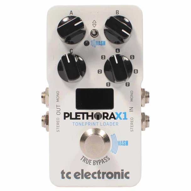 Front view of white TC Electronic Plethora X1 pedal with four black knobs, display, and footswitch. card