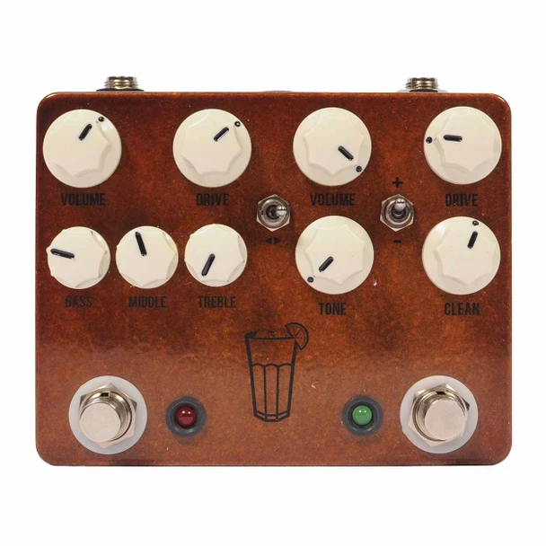Front view of JHS Sweet Tea V3 overdrive and distortion pedal with brown enclosure, nine cream control knobs, two footswitches, and red and green LEDs. card