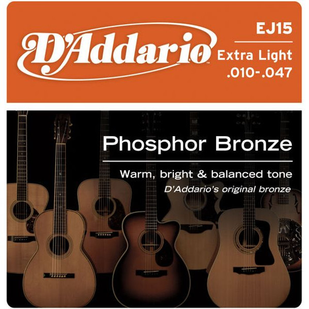 D'Addario EJ15 Phosphor Bronze Acoustic Guitar Strings, Extra Light, 10-47