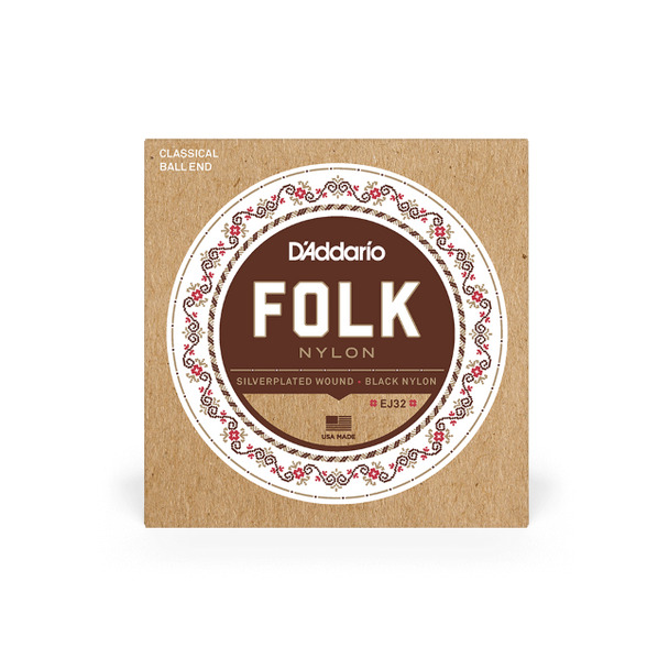 D'Addario EJ32 Folk Nylon Guitar Strings, Ball End, Silver Wound/Black Nylon Trebles