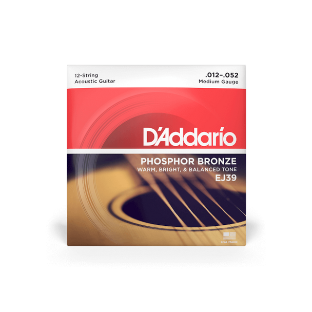 D'Addario EJ39 12-String Phosphor Bronze Acoustic Guitar Strings, Medium, 12-52