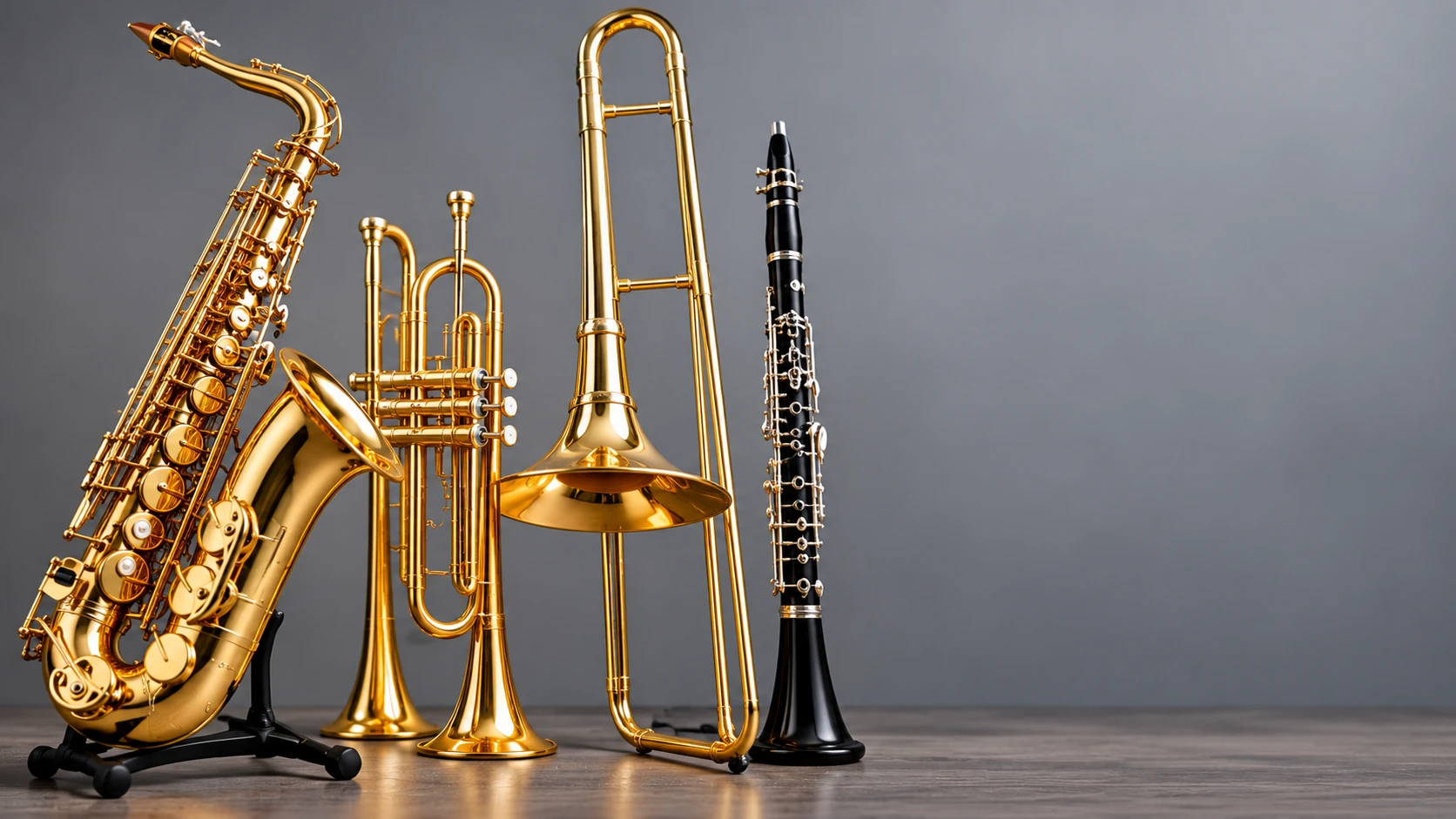 Band instruments including saxophone, trumpet, trombone and clarinet