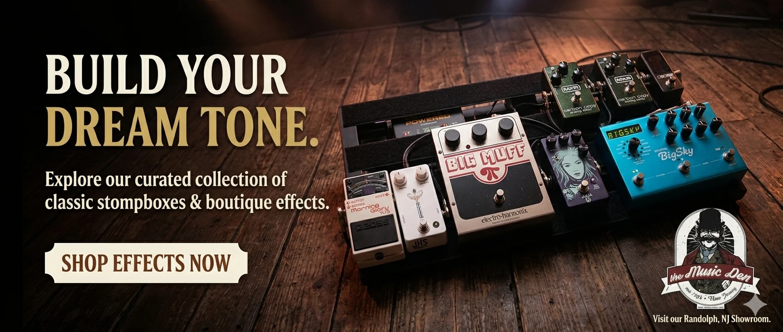 Build your guitar pedal signal chain with Boss, Strymon, EHX, and JHS effects at The Music Den in Randolph NJ