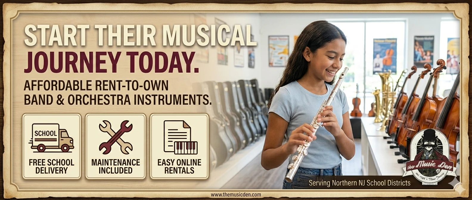 Wide banner for The Music Den Band & Orchestra Rentals. A smiling young student holds a shining flute in a modern music showroom. Headings read: "START THEIR MUSICAL JOURNEY TODAY. AFFORDABLE RENT-TO-OWN BAND & ORCHESTRA INSTRUMENTS." Featured icons with descriptions highlight: "FREE SCHOOL DELIVERY," "MAINTENANCE INCLUDED," "EASY ONLINE RENTALS." The Music Den logo is in the bottom corner with the text, "Serving Northern NJ School Districts."