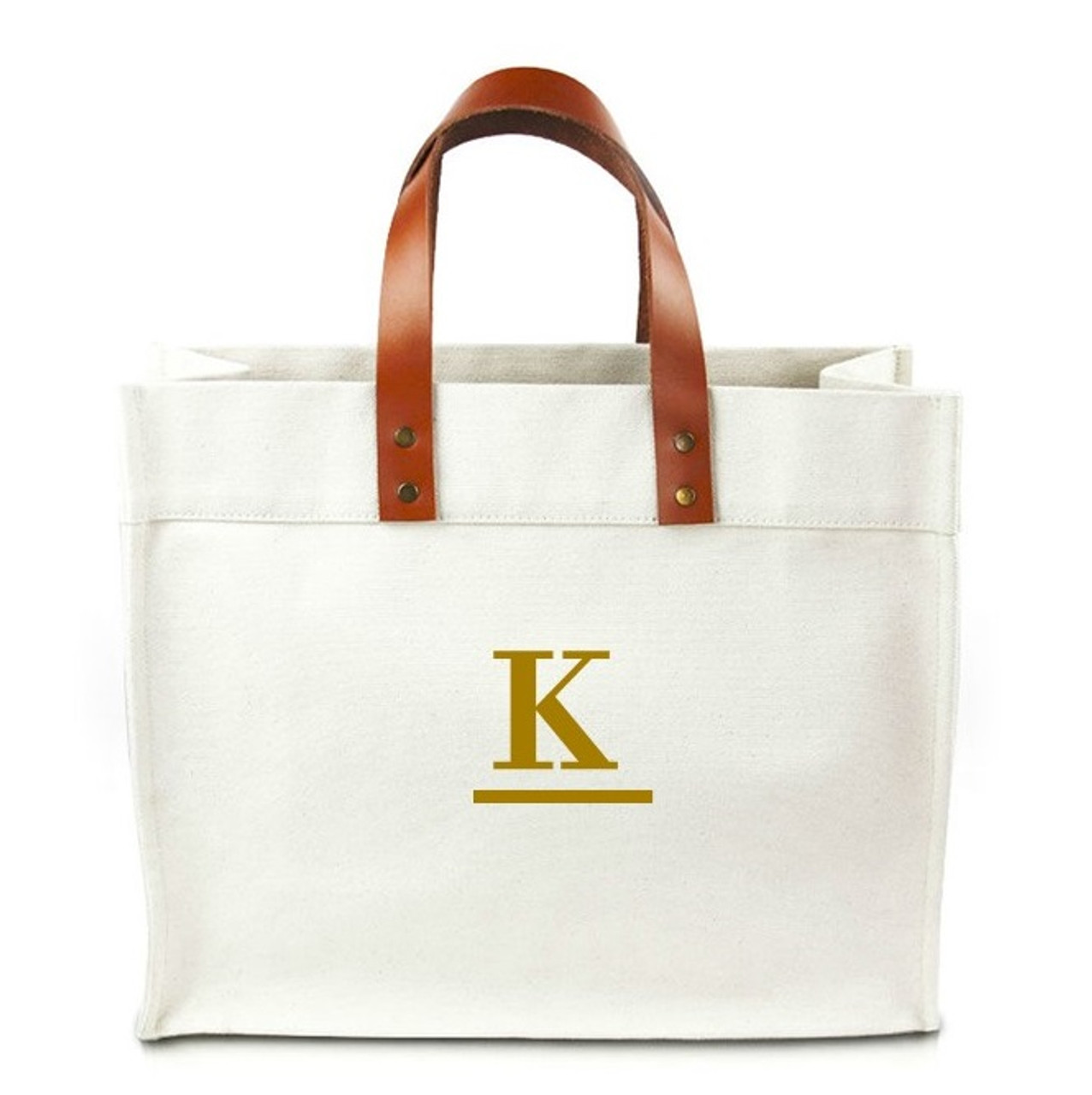 Fulham Single Center Initial Canvas Tote Bag w/ Leather Straps