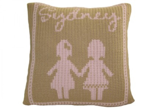 Personalized Baby Doll Throw Pillow - Knitted Acrylic Wool 15" x 15" (shown Sand/Pale Pink Accent)