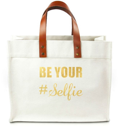 Be Your Selfie Canvas Tote Bag w/ Leather Straps - Gold