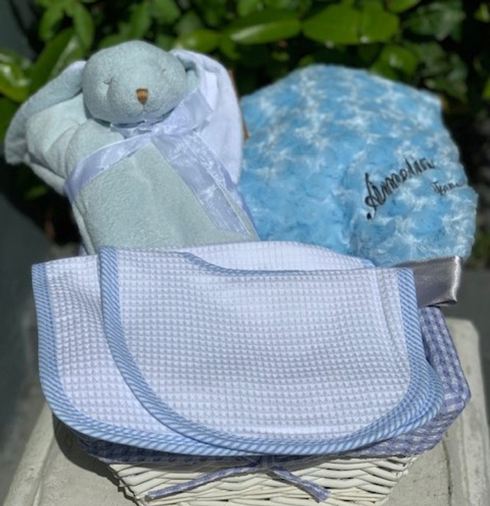 The Essentials for Baby Boy- Plush Blanket, Bunny  Napping Blanket. Matching Set of Bib & Burp Cloths