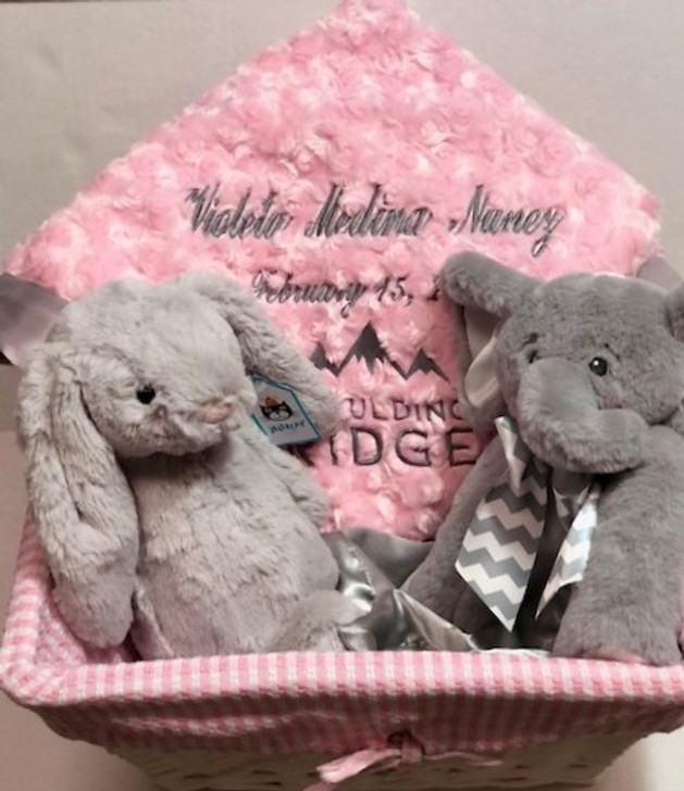 Corporate Baby Girl Welcome Basket of Plush Animals & Blanket
