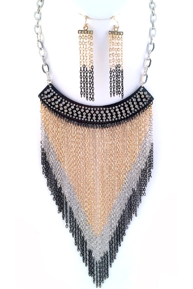BLACK BAR WITH CLEAR STONE CHAIN TASSEL LOBSTER CLUSTER LONG NECKLACE SET
20+ 3"