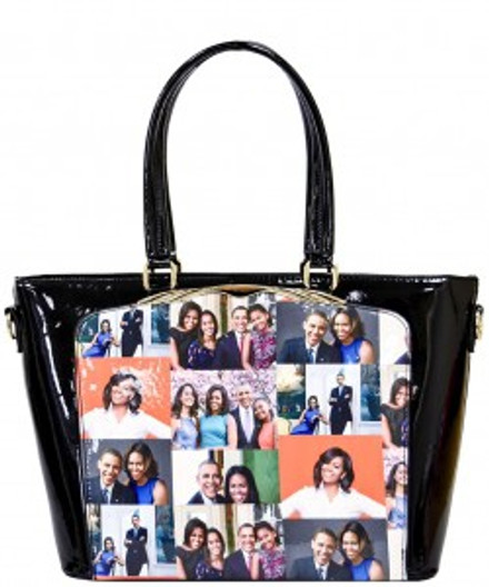 Michelle Obama Fashion Magazine Print Patent Faux Leather Handbag with Gold embellishment
Fashion Magazine Print Patent Faux Leather Handbag Patent leather& Zipper top Closure 
Detachable Shoulder Strap 
Four Bottom Rounded Metal Legs 
(L)13.X(H)10.5X(W)4.50