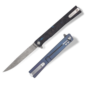 Ocaso Solstice Damascus Blue Flipper Knife, Dark Matt Carbon Fiber and Titanium Handles - 10IFB Ocaso Solstice Damascus Blue Flipper Knife, Dark Matt Carbon Fiber and Titanium Handles - 10IFB