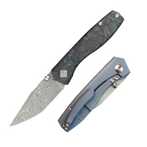 Ocaso Knives Delos Folding Knife German Damascus Blade, Titanium / Blue Dark Matter Fat Carbon Scales Ocaso Knives Delos Folding Knife German Damascus Blade, Titanium / Blue Dark Matter Fat Carbon Scales