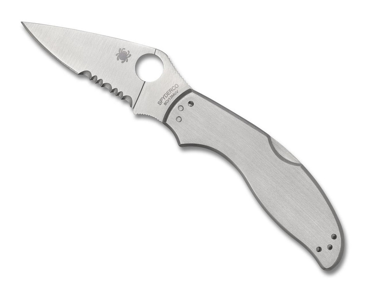  Spyderco UpTern Folding Knife 8Cr13MoV Combo Blade, Satinless Steel Handles - C261PS 