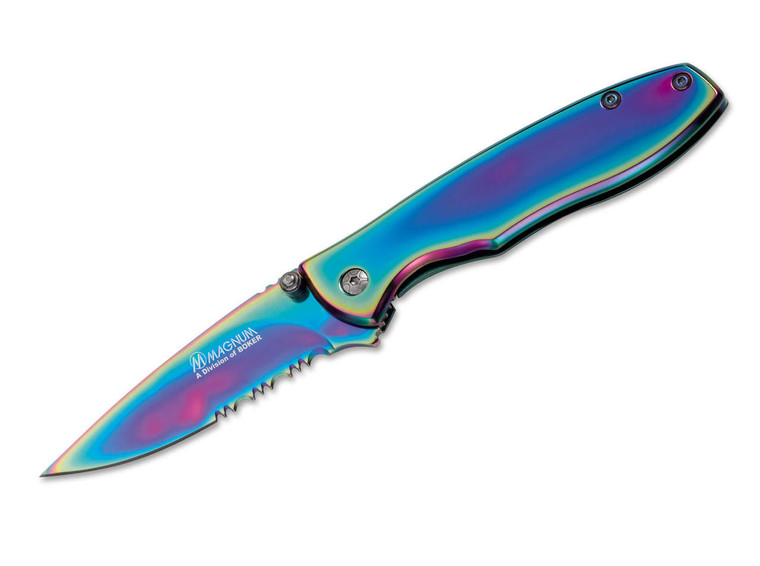  Boker Magnum Rainbow II Folding Knife, 440A Steel, Multicolored Stainless Steel Handles - 01YA107 