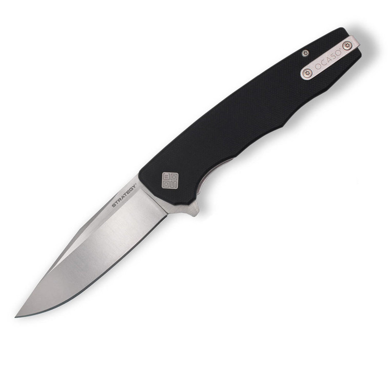 Ocaso Strategy Flipper Knife, German D2 Steel Satin Blade, Black G10 Handles - 29BGD