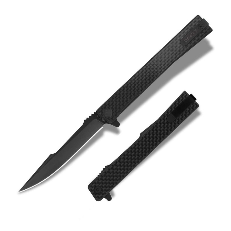  Ocaso Solstice Harpoon Flipper Knife, Black PVD CPM S35VN Blade , Black Carbon Fiber Handle - 9HFB 