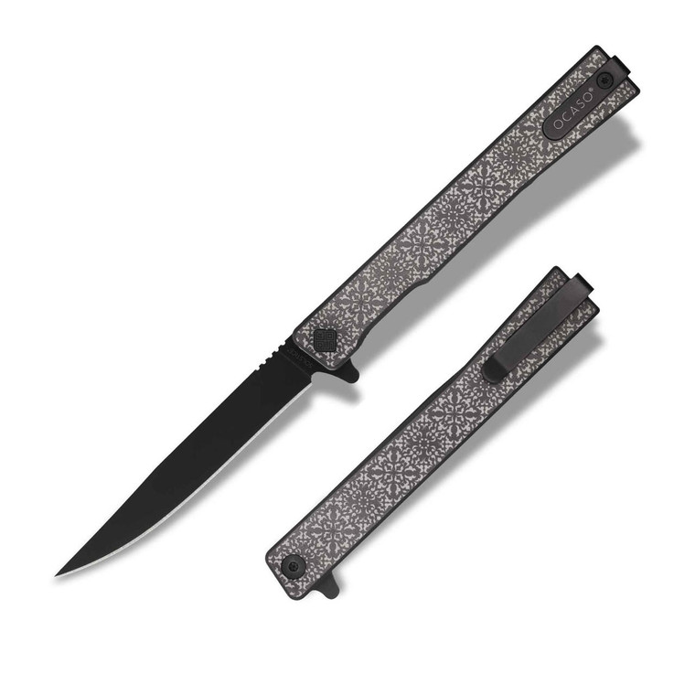  Ocaso Solstice Flipper Knife, S35VN Black Plain Blade, Engraved Fleur De Lis Titanium Handles - 10EFB 