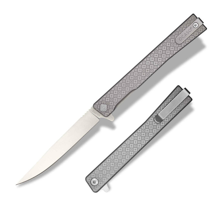  Ocaso Solstice Flipper Knife, S35VN Satin Plain Blade, Engraved Clover Titanium Handles - 10ECS 