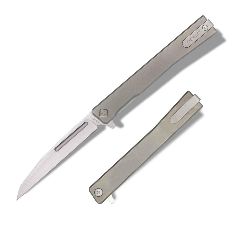  Ocaso Solstice Flipper Knife, S35VN Satin Wharncliffe Blade, Titanium Handles - 8WTS 