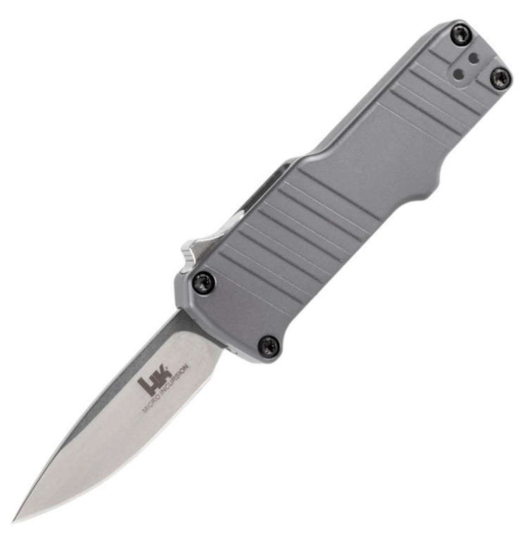  Hogue HK Micro Incursion OTF Auto Knife 154CM Clip Point Blade, Gray Aluminum Handles - 54032 