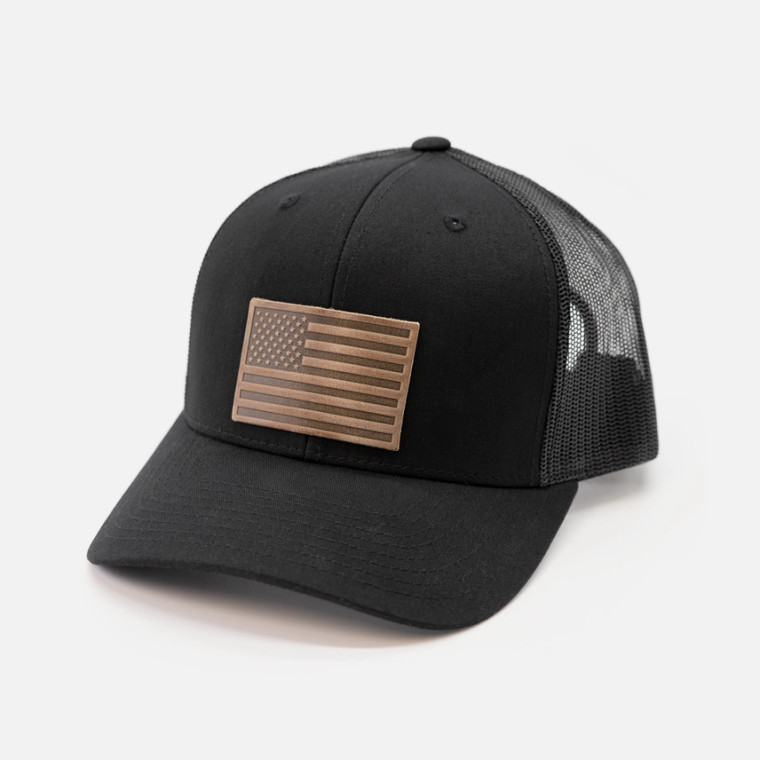 Range Leather American Flags Hat - Leather Patch Trucker Snapback