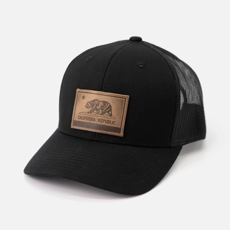 Range Leather California Flag Hat - Leather Patch Trucker Hat