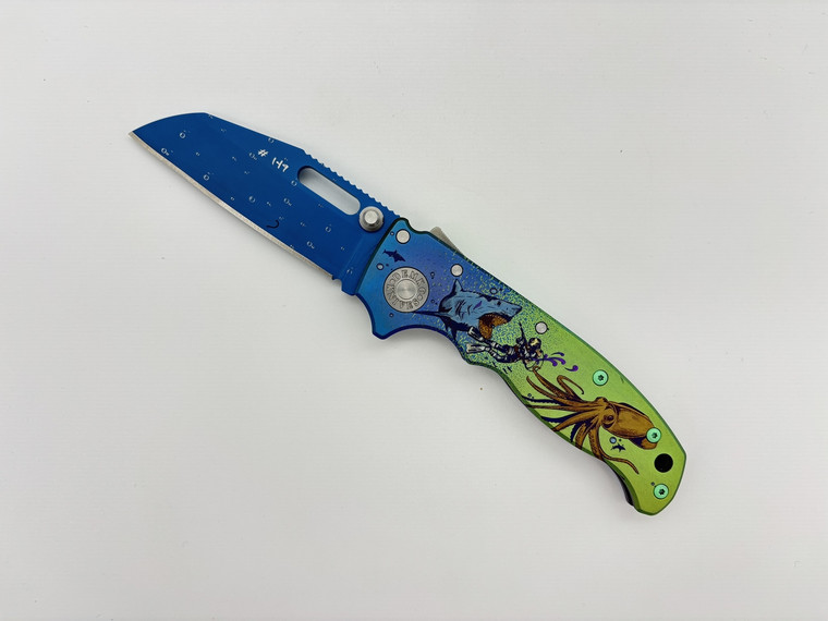 Pre-Owned Andrew DemKo Colorful filth Deep Dive AD 20.5 #149 Limited Edition Sheeps Foot Blue Blade, Custom Cerkoted Titanium Handle (Condition: New, Box: Yes)