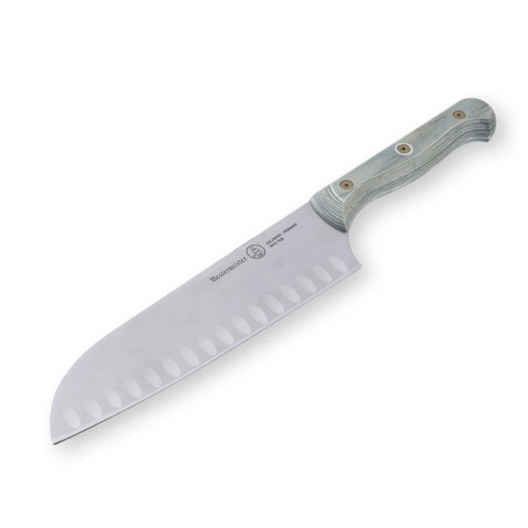 Messermeister Custom 8 Inch Kullens Santoku Knife, Indigo Blue Handle