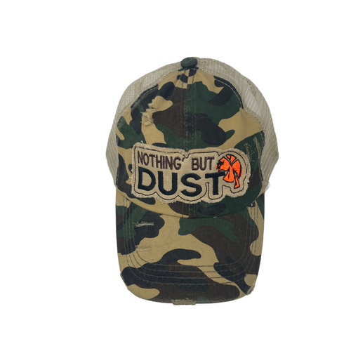 "Nothing But Dust" Distressed Camo/Beige Mesh Criss Cross Ponytail Hat-1