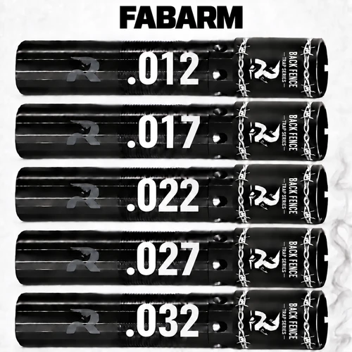 Five Rhino Back Fence Trap Series choke tubes for Fabarm shotguns, shown in .012, .017, .022, .027, and .032 constrictions.