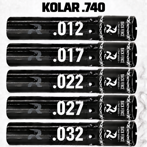 Five Rhino Back Fence Trap Series choke tubes for Kolar .740 shotguns, shown in .012, .017, .022, .027, and .032 constrictions.