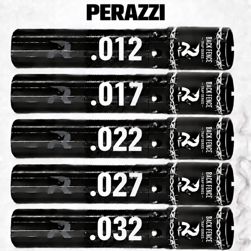 Five Rhino Back Fence Trap Series choke tubes for Perazzi shotguns, shown in .012, .017, .022, .027, and .032 constrictions.
