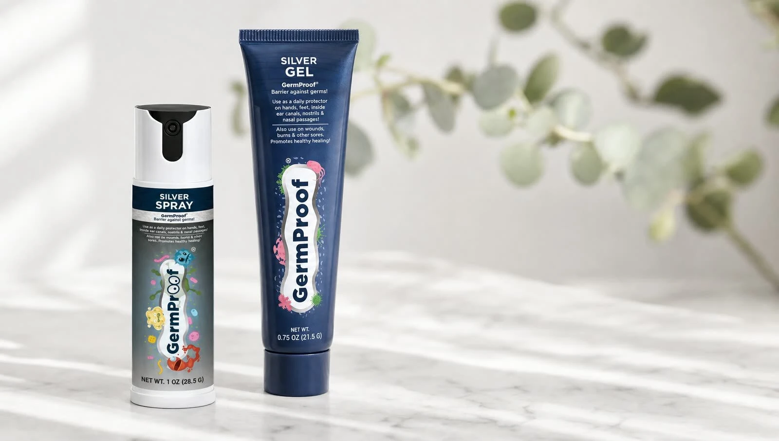 GermProof Silver Spray and Silver Gel side by side