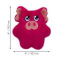 Pink pig plush dog toy with rounded body and fuzzy texture. Shown with product dimensions