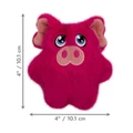 Pink pig plush dog toy with rounded body and fuzzy texture. Shown with product dimensions
