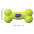 Neon Yellow bone-shaped dog toy with a purple oval center. Shown with product dimensions