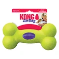Neon Yellow bone-shaped dog toy with a purple oval center. Shown in its retail packaging.
