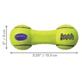 Neon yellow dumbbell-shaped dog toy.  Shown with product dimensions