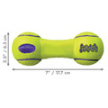 Neon yellow dumbbell-shaped dog toy.  Shown with product dimensions