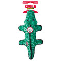 Green alligator-shaped dog toy with textured surface. Shown in its retail packaging.